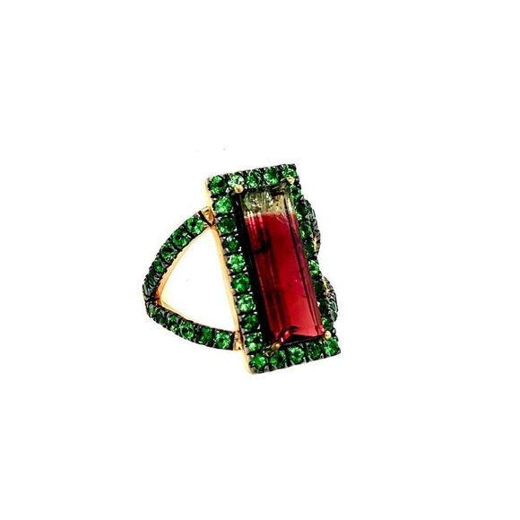 Natural Watermelon Tourmaline Tsavorite Ring 7 14k YG 4.7 TCW Certified 300684 - Picture 6 of 12